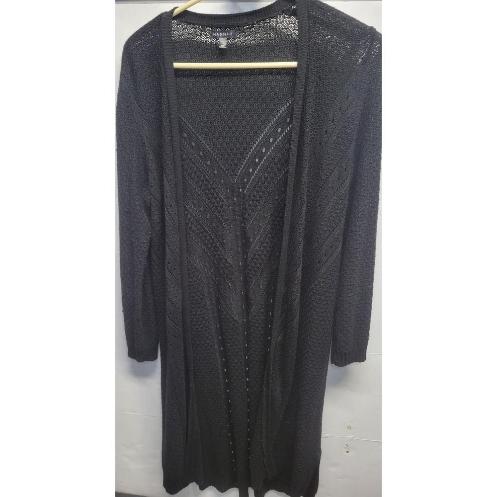 Hannah Womens Black Pointelle‎ Chevron Open Front Longline Duster Cardigan Small